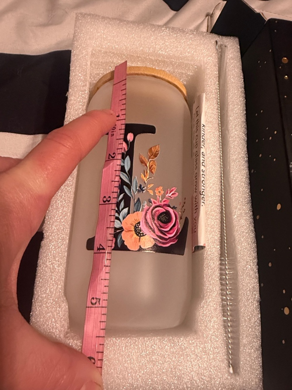 (NEW) Floral Monogram “L” initial Frosted Glass Tumbler - Pink & Gold Accent L